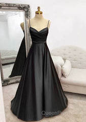 A-line Sweetheart Spaghetti Straps Satin Long Evening Prom Dresses with Pleated