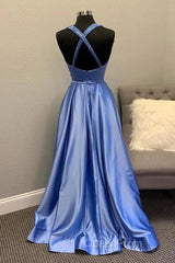 A-Line V Neck Satin Unique Long Evening Prom Dresses Formal Gowns