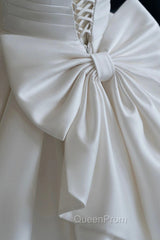 A-Line V-Neck Satin Wedding Dresses, White Short Sleeve Bridal Gown with Bow
