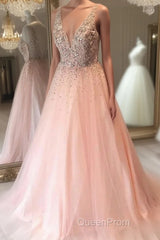 A Line V Neck Sequins Pink Long Evening Prom Dresses, Pink Formal Graduation Evening Dresses