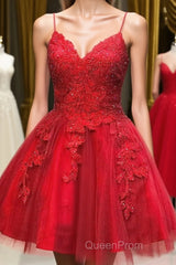 A Line V Neck Short Backless Red Lace Evening Prom Dresses, Short Red Backless Lace Formal Homecoming Dresses