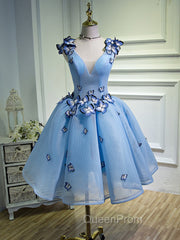 A Line V Neck Short Blue Evening Prom Dresses with Butterfly, Short Blue Evening Homecoming Dresses