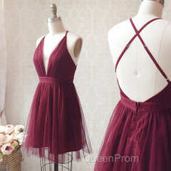 A Line V Neck Short Burgundy Backless Evening Prom Dresses, Short Burgundy Backless Formal Homecoming Dresses