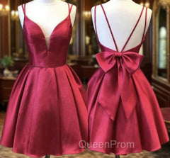 A Line V Neck Short Burgundy Backless Evening Prom Dresses, Short Wine Red Evening Homecoming Dresses