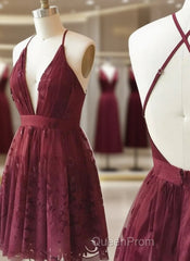 A Line V Neck Short Burgundy Lace Evening Prom Dresses, Short Burgundy Lace Formal Homecoming Dresses