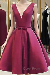 A Line V Neck Short Burgundy Evening Prom Dresses, Short V Neck Wine Red Graduation Homecoming Dresses