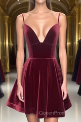 A Line V Neck Short Burgundy Evening Prom Dresses, Short Wine Red Formal Homecoming Dresses