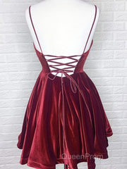 A Line V Neck Short Burgundy Evening Prom Dresses, Short Wine Red Formal Homecoming Dresses