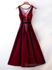 A Line V Neck Short Burgundy Evening Prom Dresses, Wine Red Short Formal Graduation Homecoming Dresses