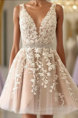 A Line V Neck Short Champagne Lace Wedding Dresses, Short Champagne Lace Formal Evening Prom Dresses
