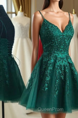 A Line V Neck Short Dark Green Lace Evening Prom Dresses, Dark Green Lace Formal Homecoming Dresses