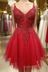 A Line V Neck Short Dark Red Lace Evening Prom Dresses, Short Dark Red Lace Formal Homecoming Dresses