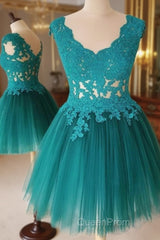 A Line V Neck Short Green-Blue Lace Evening Prom Dresses, Short Lace Formal Evening Graduation Dresses