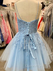 A Line V Neck Short Light Blue Lace Evening Prom Dresses, Short Light Blue Lace Homecoming Dresses