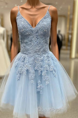 A Line V Neck Short Light Blue Lace Evening Prom Dresses, Short Light Blue Lace Homecoming Dresses