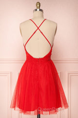 A Line V Neck Short Red/Burgundy Tulle Evening Prom Dresses, Short Red/Burgundy Graduation Homecoming Dresses