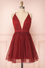A Line V Neck Short Red/Burgundy Tulle Evening Prom Dresses, Short Red/Burgundy Graduation Homecoming Dresses