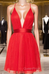 A Line V Neck Short Red/Burgundy Tulle Evening Prom Dresses, Short Red/Burgundy Graduation Homecoming Dresses