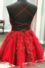 A Line V Neck Short Red Lace Evening Prom Dresses, Short Red Lace Formal Homecoming Dresses