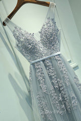 A Line V Neck Silver Gray Lace Evening Prom Dresses, Grey Lace Formal Evening Dresses