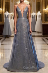 A Line V Neck Silver Gray Long Evening Prom Dresses, Gray Long Formal Evening Dresses