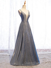 A Line V Neck Silver Gray Long Evening Prom Dresses, Gray Long Formal Evening Dresses