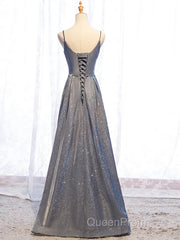 A Line V Neck Silver Gray Long Evening Prom Dresses, Gray Long Formal Evening Dresses