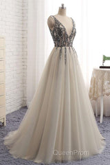 A Line V Neck Silver Gray Long Evening Prom Dresses, Silver Grey Beaded Long Formal Evening Dresses