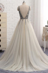 A Line V Neck Silver Gray Long Evening Prom Dresses, Silver Grey Beaded Long Formal Evening Dresses