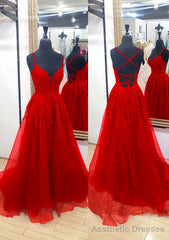 A-line V Neck Sleeveless Chapel Train Tulle Prom Dresses With Appliqued Lace