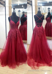 A-line V Neck Sleeveless Chapel Train Tulle Prom Dresses With Appliqued Lace