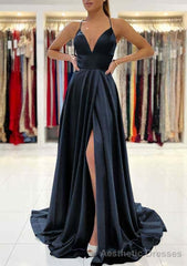 A-line V Neck Sleeveless Charmeuse Sweep Train Prom Dresses With Split