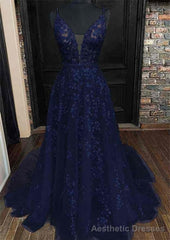 A-line V Neck Sleeveless Lace Court Train Prom Dresses With Pleated