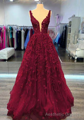 A-line V Neck Sleeveless Long/Floor-Length Lace Prom Dresses With Beading