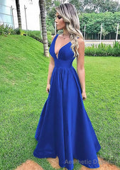 A-line V Neck Sleeveless Long/Floor-Length Satin Prom Dresses With Pleated