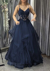 A-line V Neck Sleeveless Long/Floor-Length Tulle Charmeuse Prom Dresses With Appliqued Lace