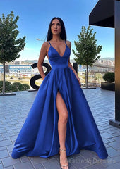 A-line V Neck Sleeveless Sweep Train Satin Prom Dresses