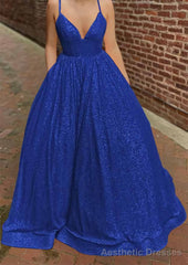 A-line V Neck Sleeveless Sweep Train Sequined Prom Dresses with Pockets