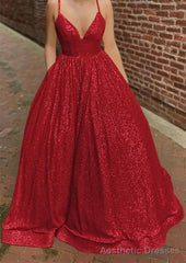A-line V Neck Sleeveless Sweep Train Sequined Prom Dresses with Pockets