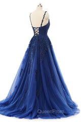 A-line V-neck Spaghetti strap Floor-length Sleeveless Backless Appliques Lace Elegant Evening Prom Dresses