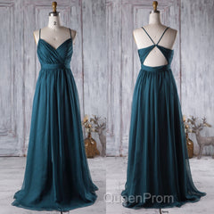 A Line V Neck Spaghetti Strap Peacock Blue Chiffon Long Evening Prom Dresses, V Neck Peacock Blue Formal Dresses Graudation Evening Dresses, Peacock Blue Bridesmaid Dresses