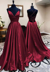 A-line V Neck Spaghetti Straps Long/Floor-Length Charmeuse Prom Dresses With Pleated