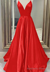 A-line V Neck Spaghetti Straps Long/Floor-Length Charmeuse Prom Dresses With Pockets
