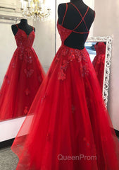 A-line V Neck Spaghetti Straps Long/Floor-Length Tulle Evening Prom Dresses With Appliqued Beading