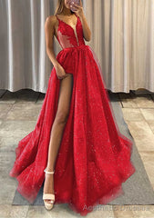 A-line V Neck Spaghetti Straps Long/Floor-Length Tulle Prom Dresses With Appliqued Glitter Split Left
