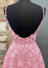 A-line V Neck Spaghetti Straps Long/Floor-Length Tulle Evening Prom Dresses With Beading Lace Pockets Sequins