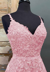 A-line V Neck Spaghetti Straps Long/Floor-Length Tulle Evening Prom Dresses With Beading Lace Pockets Sequins