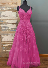A-line V Neck Spaghetti Straps Long/Floor-Length Tulle Evening Prom Dresses With Beading Lace Pockets Sequins
