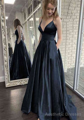 A-line V Neck Spaghetti Straps Sweep Train Charmeuse Prom Dresses With Pockets