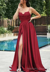 A-line V Neck Spaghetti Straps Sweep Train Satin Prom Dresses With Appliqued Beading Pleated Split